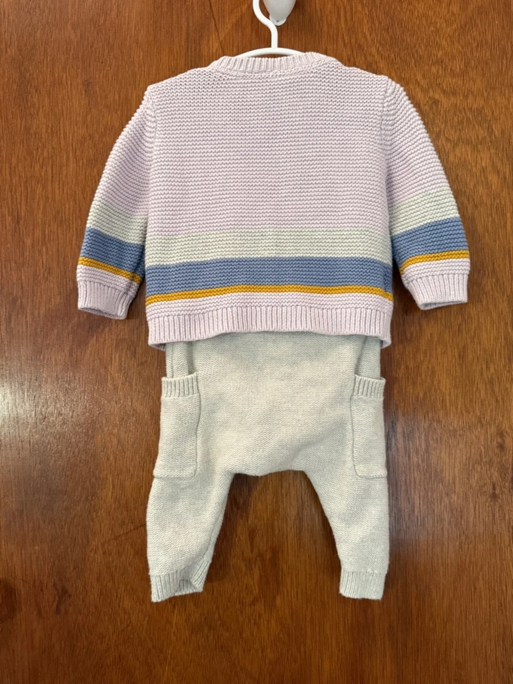 Tea Collection Lavender Knit Cardigan Set —Lavender Sweater with Gray Pants 6m